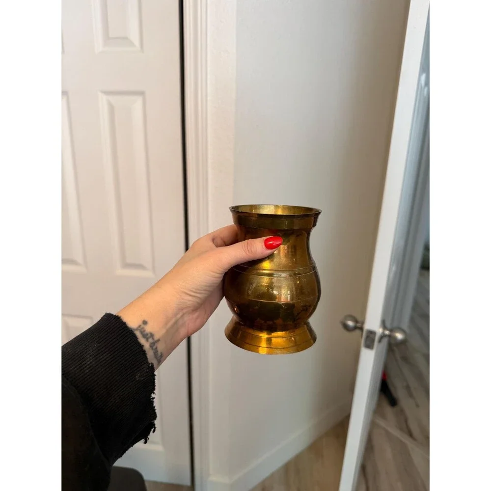 Vintage Brass Vase | Aged Brass Urn Vessel | Mid Century Brass Decor | Patina Fl